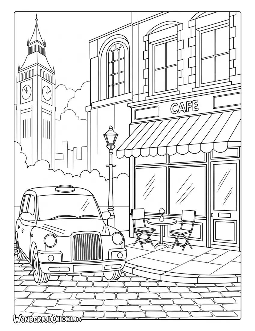 London black cab taxi street scene coloring page
