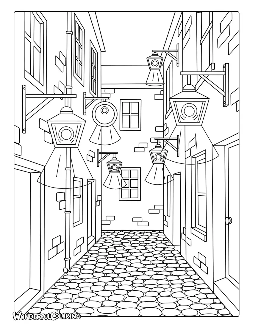 Cobblestone London street with pub lanterns coloring page