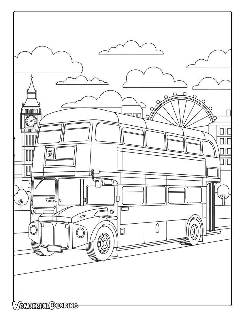 Double decker bus on London street coloring page