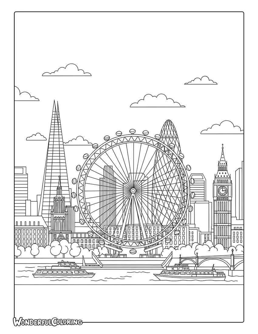 London Eye city view coloring page