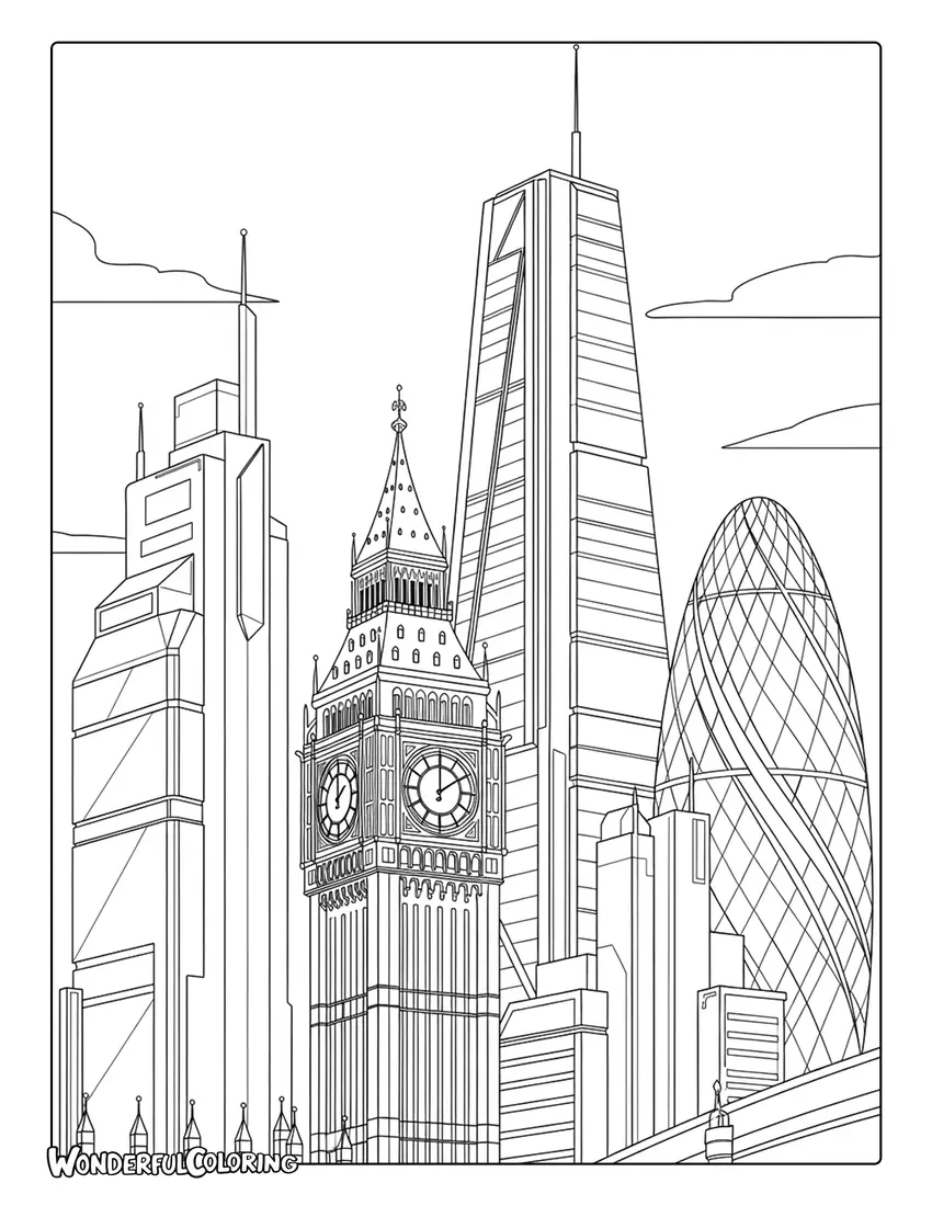 Futuristic London skyline with Big Ben coloring page