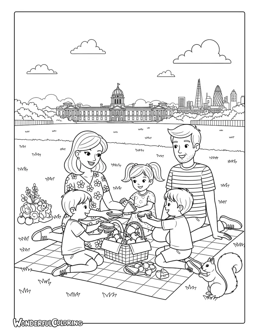 Greenwich Park family picnic London coloring page