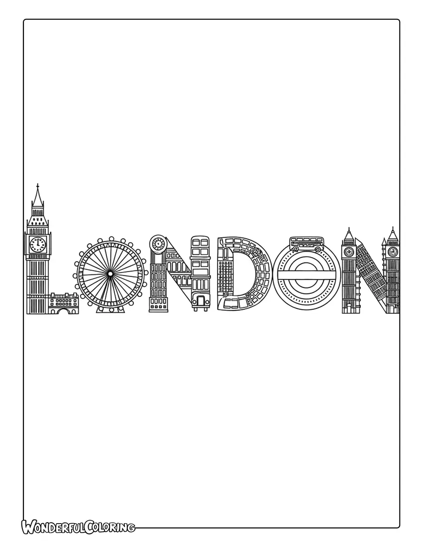 London landmarks typography design coloring page