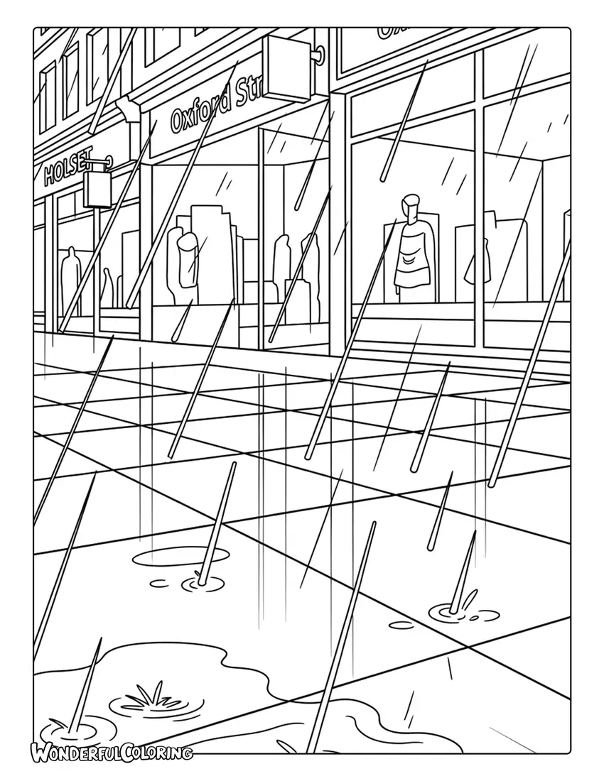 Oxford Street rainy night shopping London coloring page