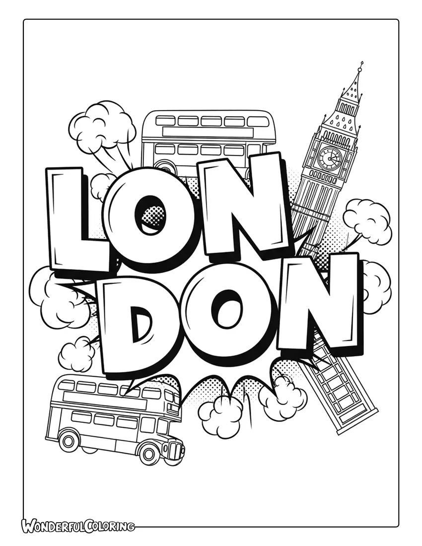 Retro pop art London typography coloring page