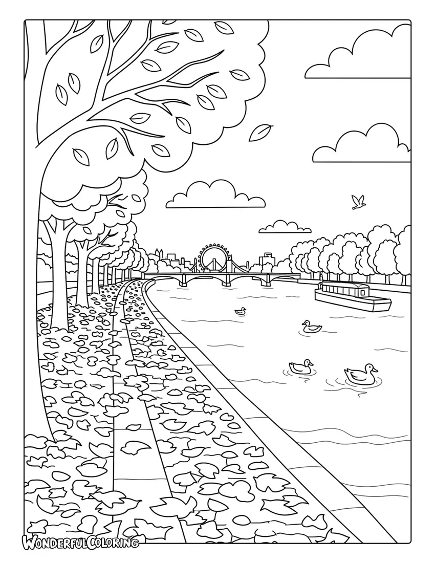 River Thames autumn riverside London coloring page