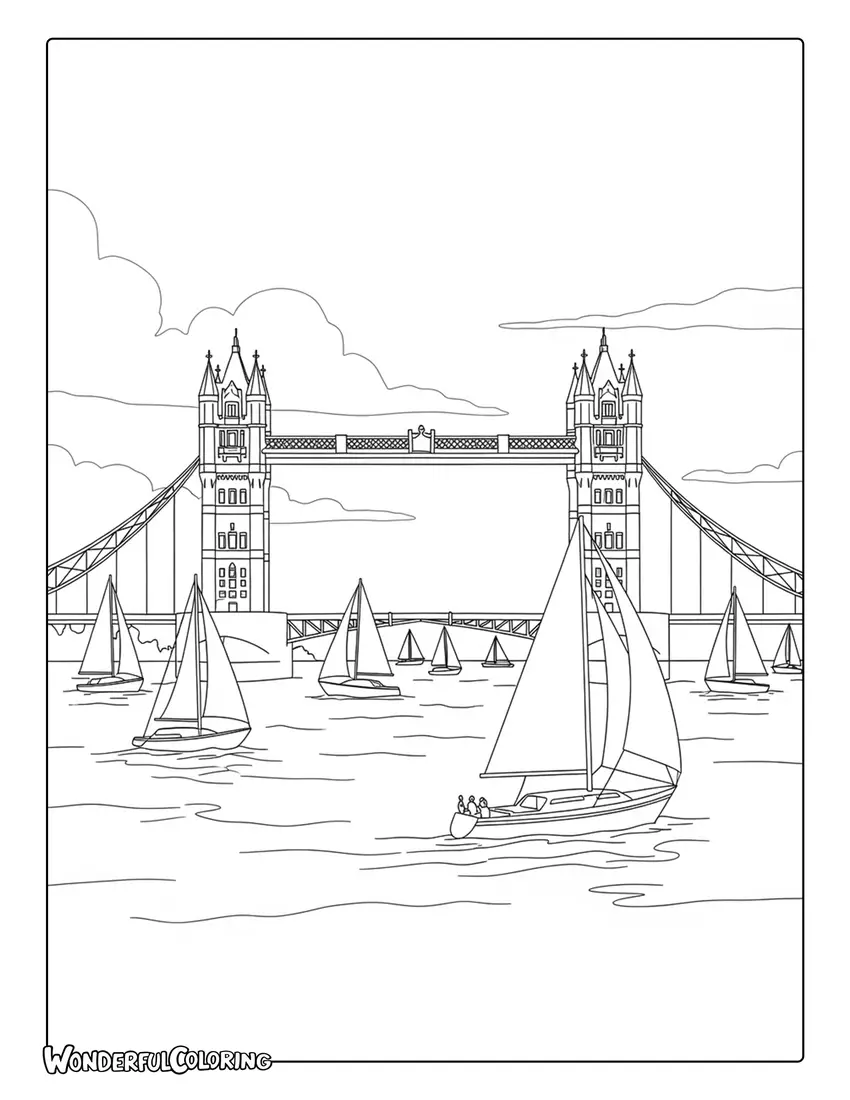 Tower Bridge with boats on the River Thames London coloring page