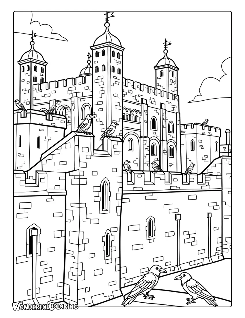 Tower of London castle with ravens London coloring page