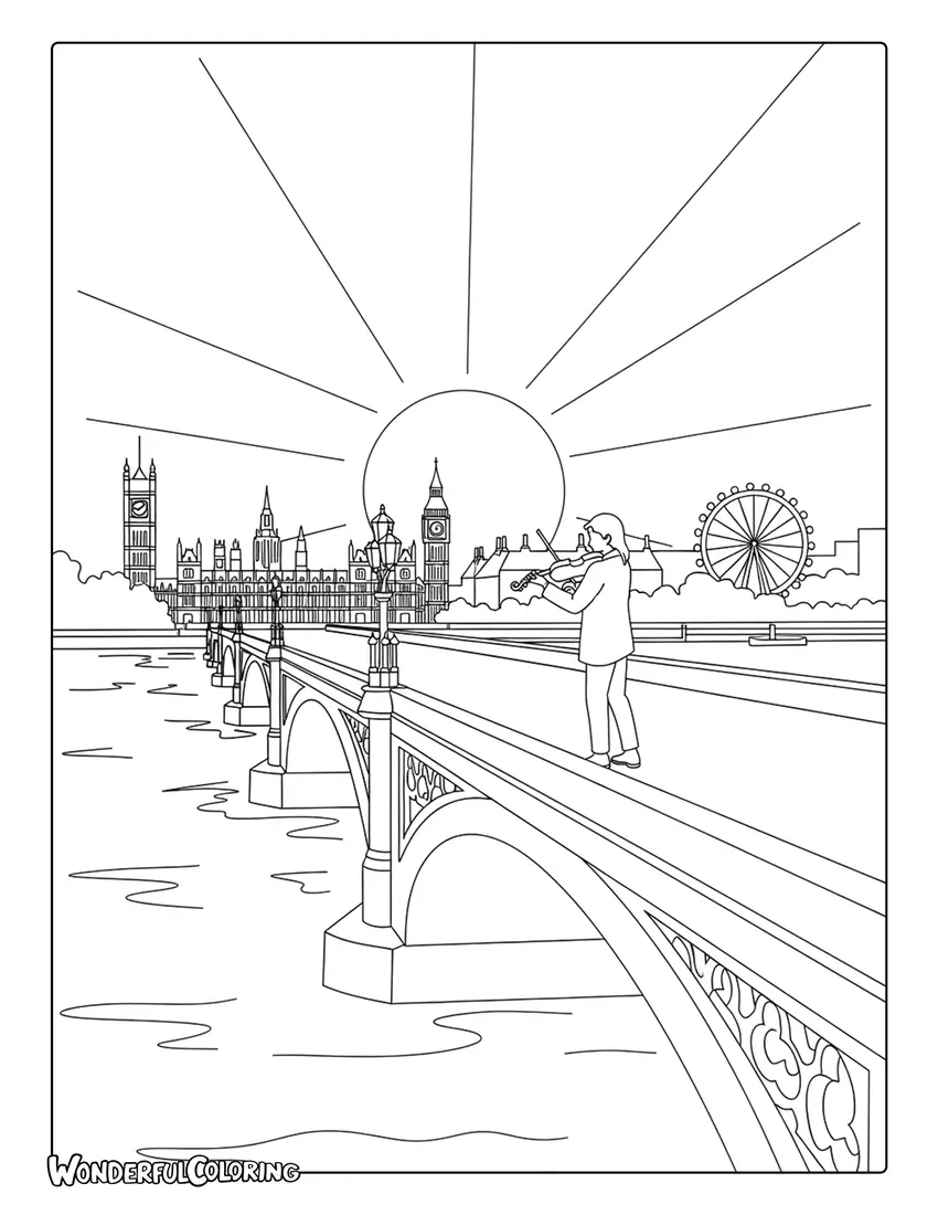 Violin player on Thames bridge sunset London coloring page