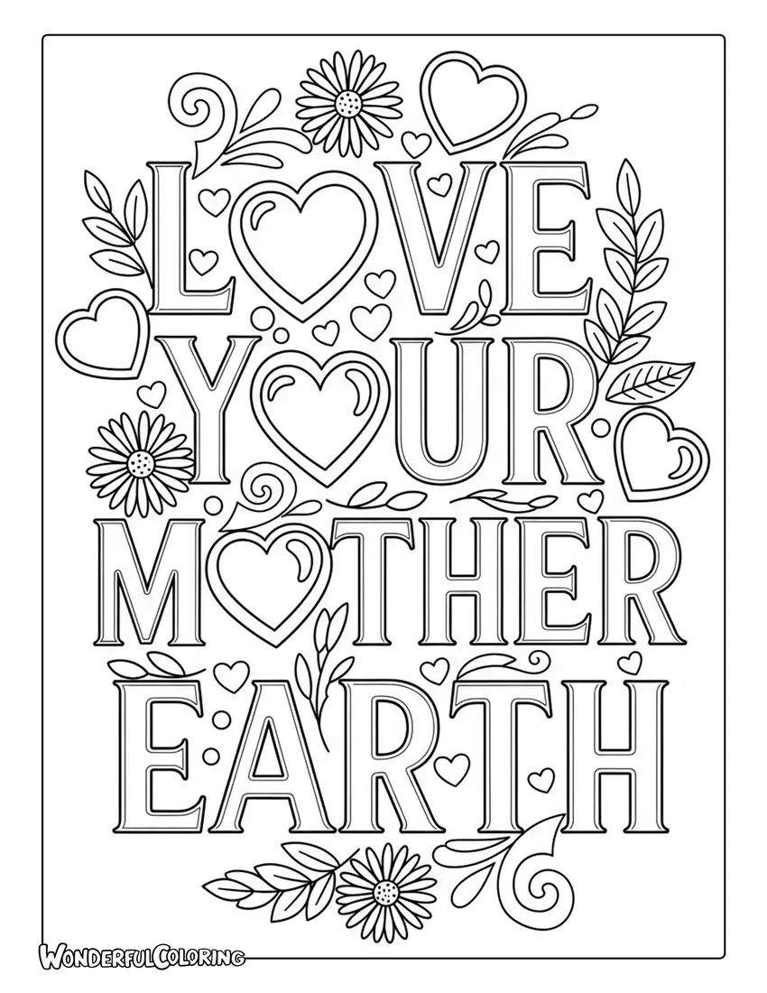 love your mother earth typography floral hearts coloring page