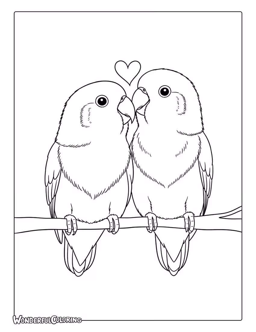 Lovebird couple forming a heart with beaks Valentine coloring page