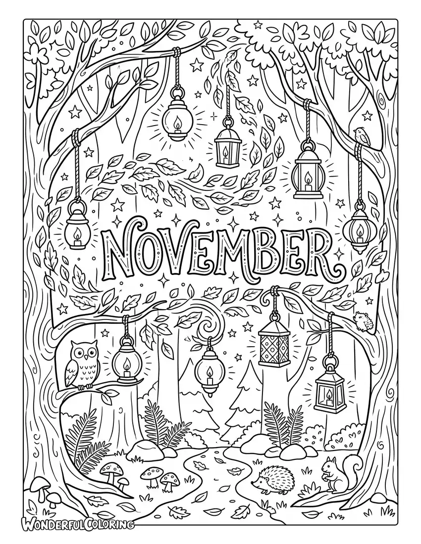 November enchanted forest coloring page featuring glowing lanterns, autumn trees, swirling golden leaves, and magical lights