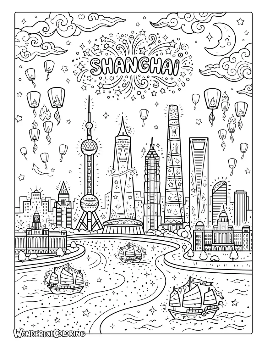 Magical Shanghai skyline with glowing landmarks, lanterns, clouds, and sparkling river coloring page