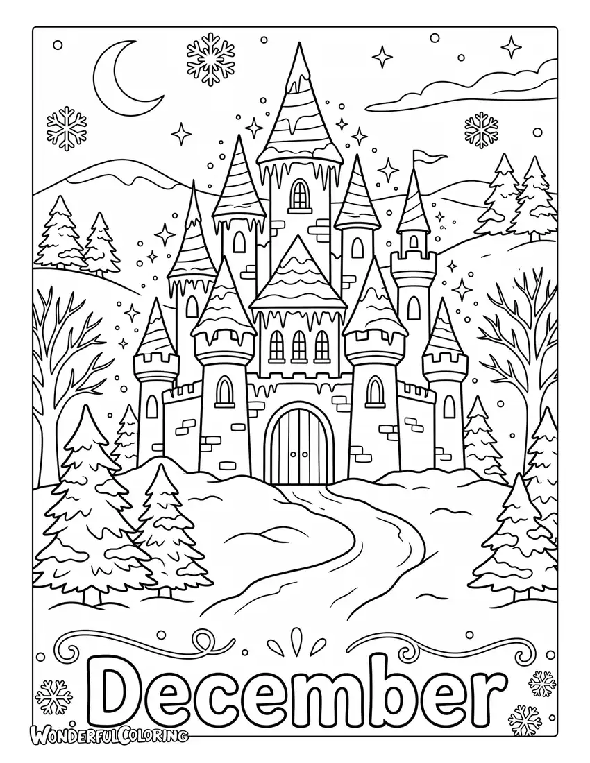 December winter castle coloring page with a magical snow-covered castle, sparkling lights, and icy fantasy scenery