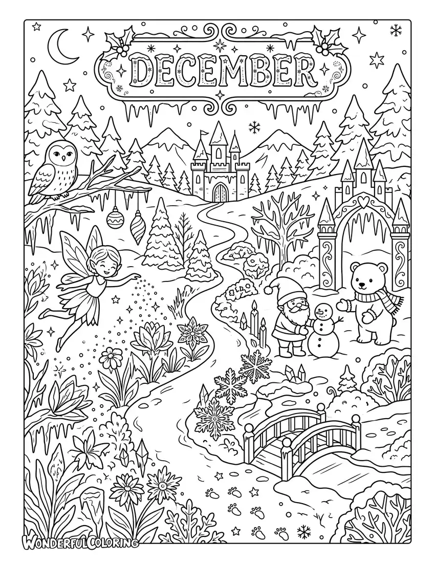 December winter garden coloring page with frozen flowers, sparkling snow, magical creatures, and icy decorations