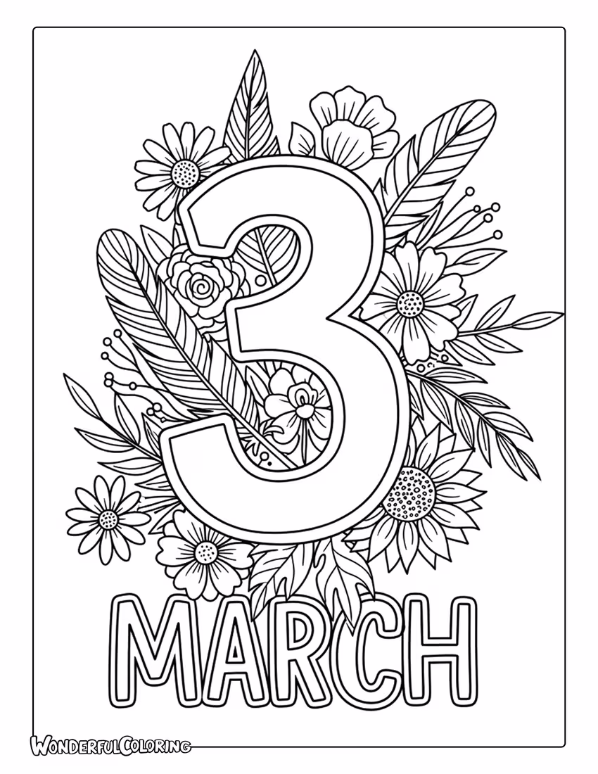 March boho floral nature design coloring page