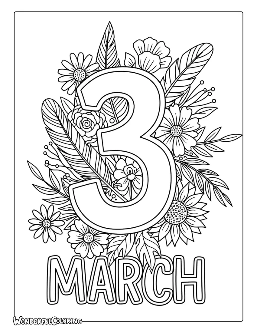 March boho floral nature design coloring page