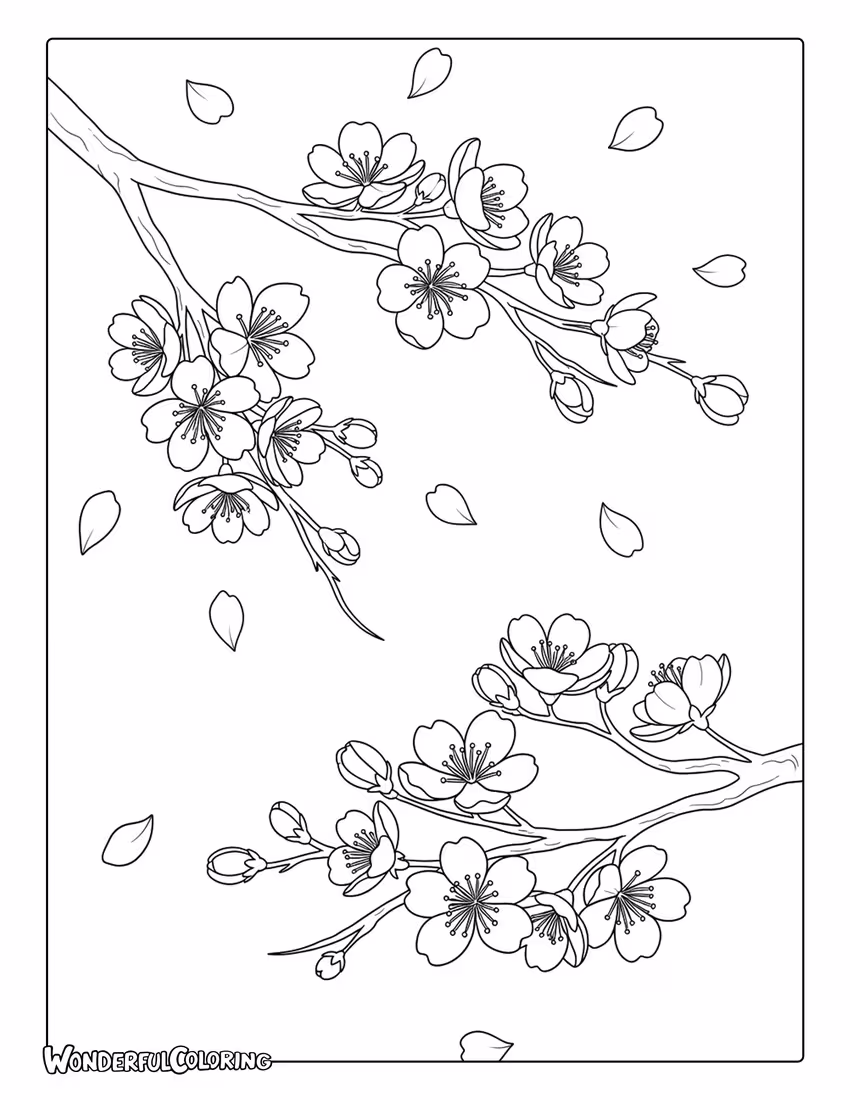 March cherry blossom branches with petals coloring page