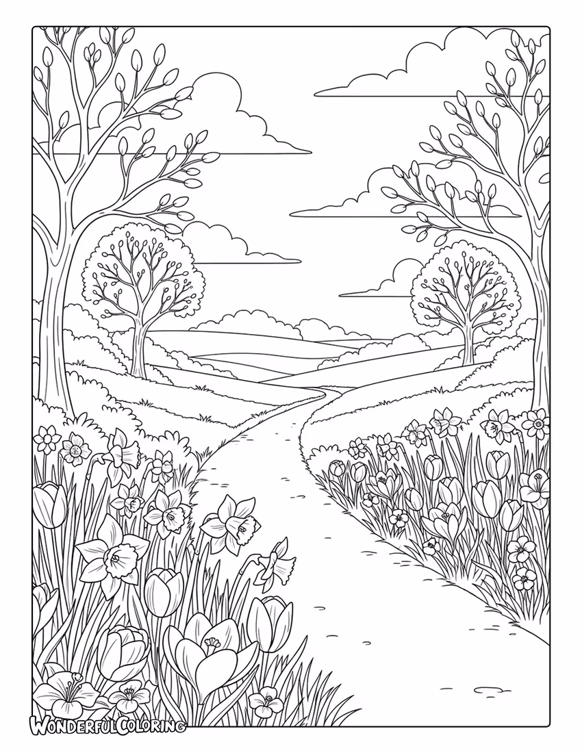 March countryside path with spring flowers coloring page