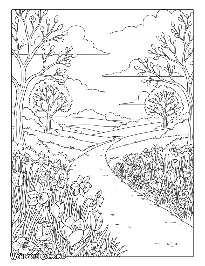 March countryside path with spring flowers coloring page