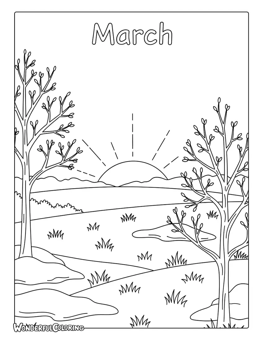 March early spring awakening landscape coloring page