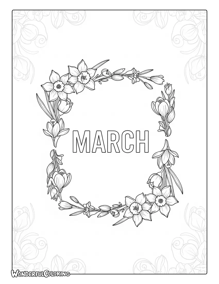 March elegant floral frame design coloring page