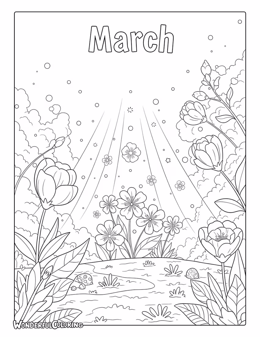 March fantasy magical spring awakening coloring page