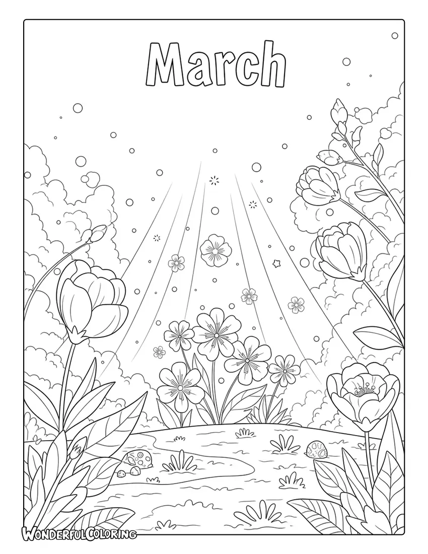 March fantasy magical spring awakening coloring page