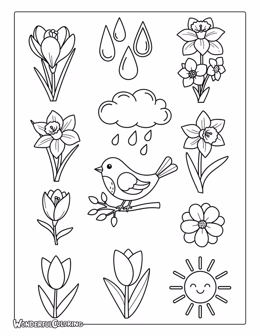 March flat vector spring icons coloring page