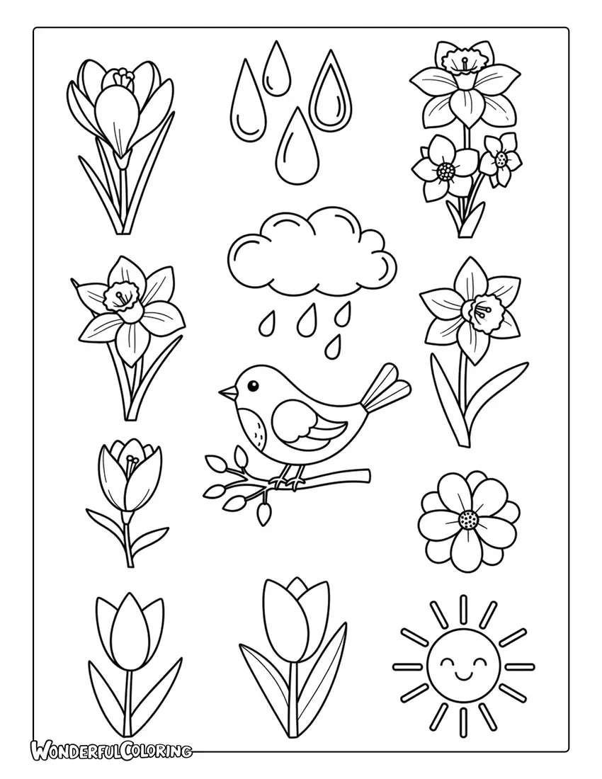 March flat vector spring icons coloring page