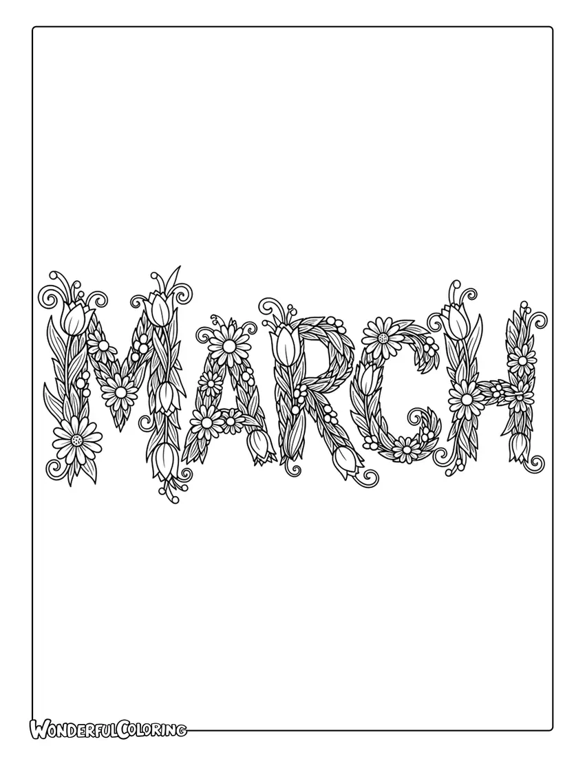 March floral typography lettering coloring page
