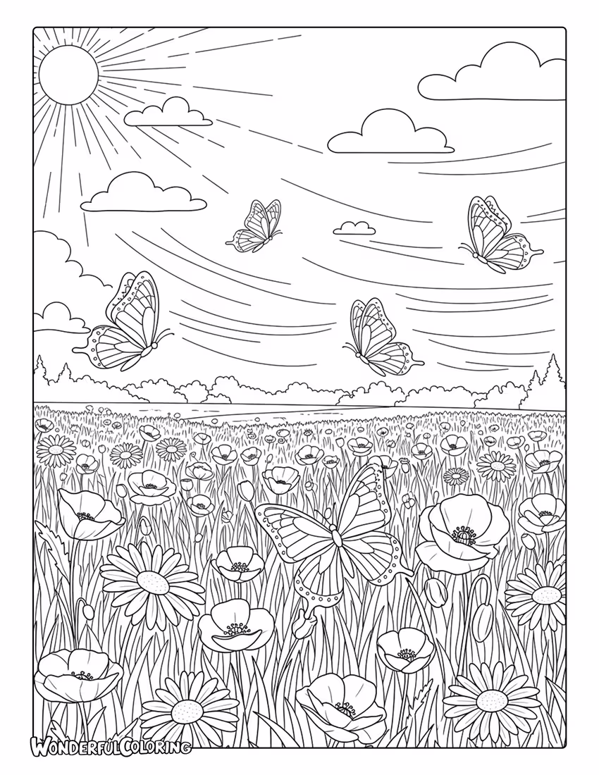 March meadow wildflowers and butterflies coloring page