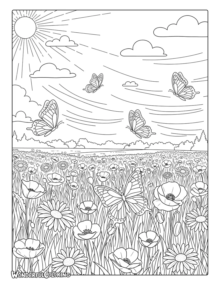 March meadow wildflowers and butterflies coloring page