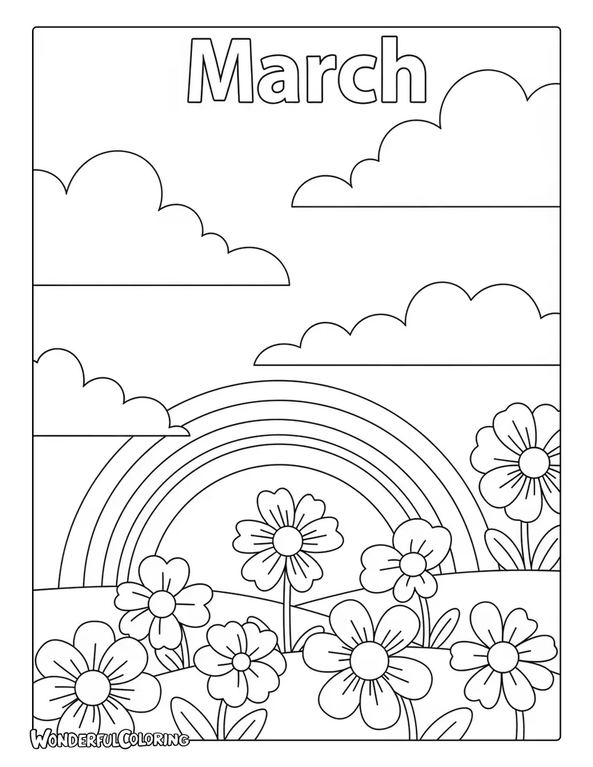March Pastel Spring Aesthetic Scene Coloring Page