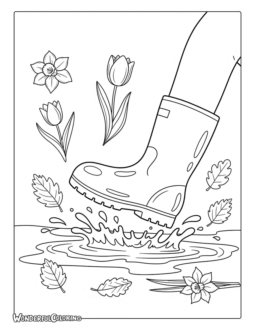 March rain boots splashing in puddles coloring page