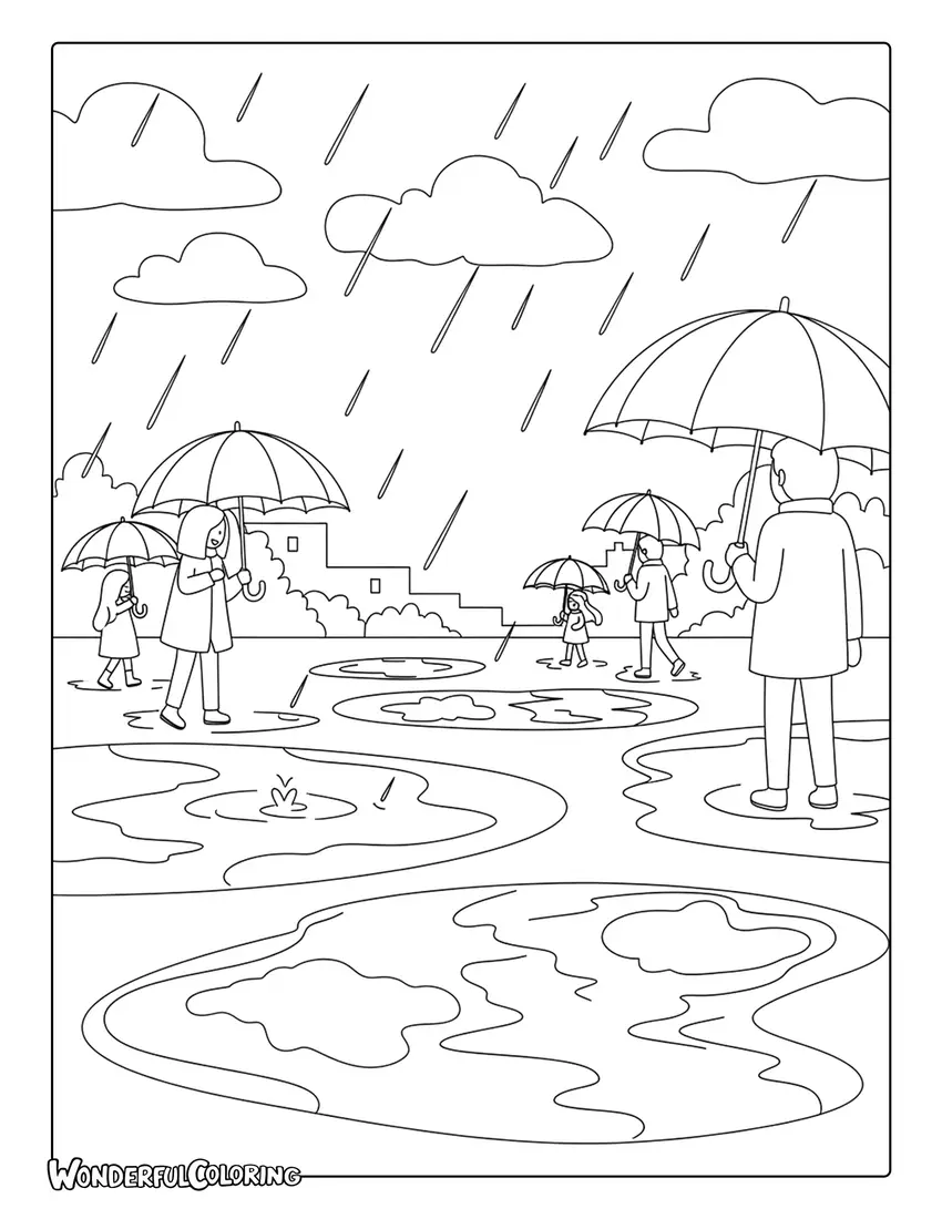 March rainy day umbrellas and puddles coloring page