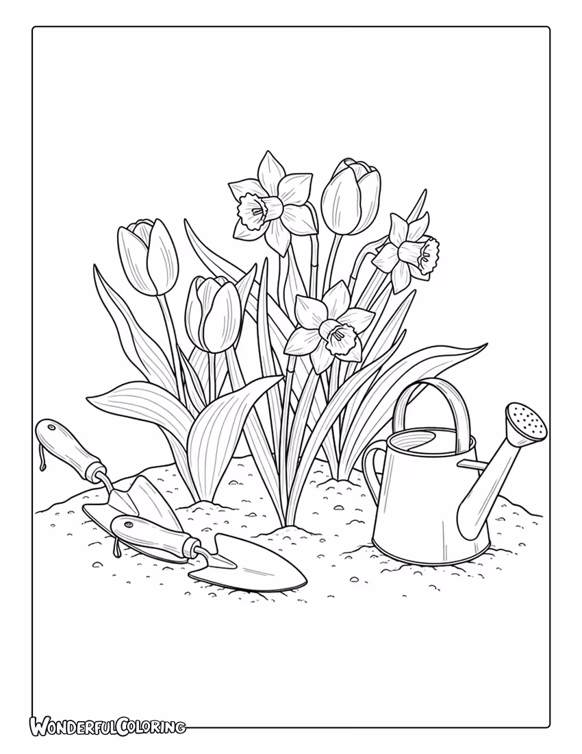 March garden with tulips and daffodils coloring page