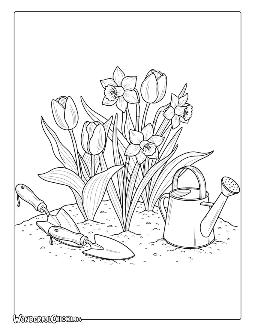 March garden with tulips and daffodils coloring page