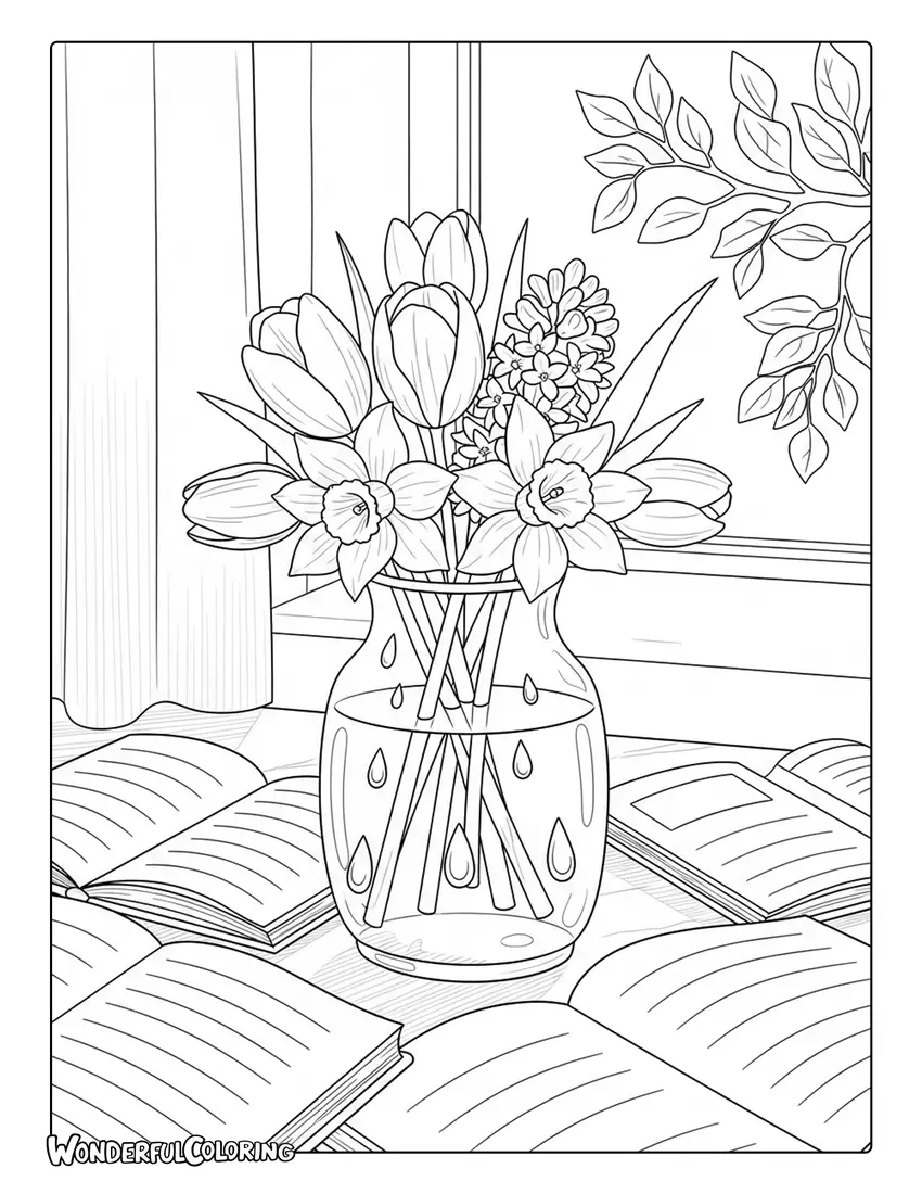 March spring still life tabletop coloring page