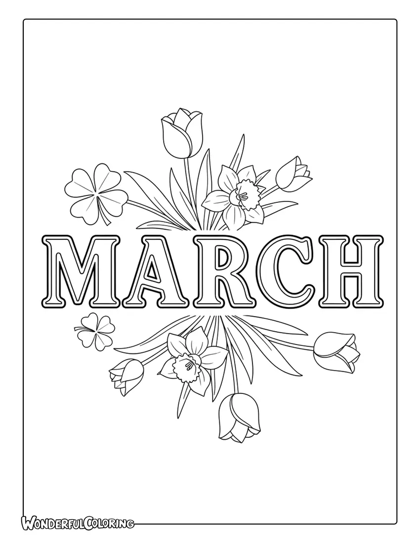March Typography with Flowers Coloring Page