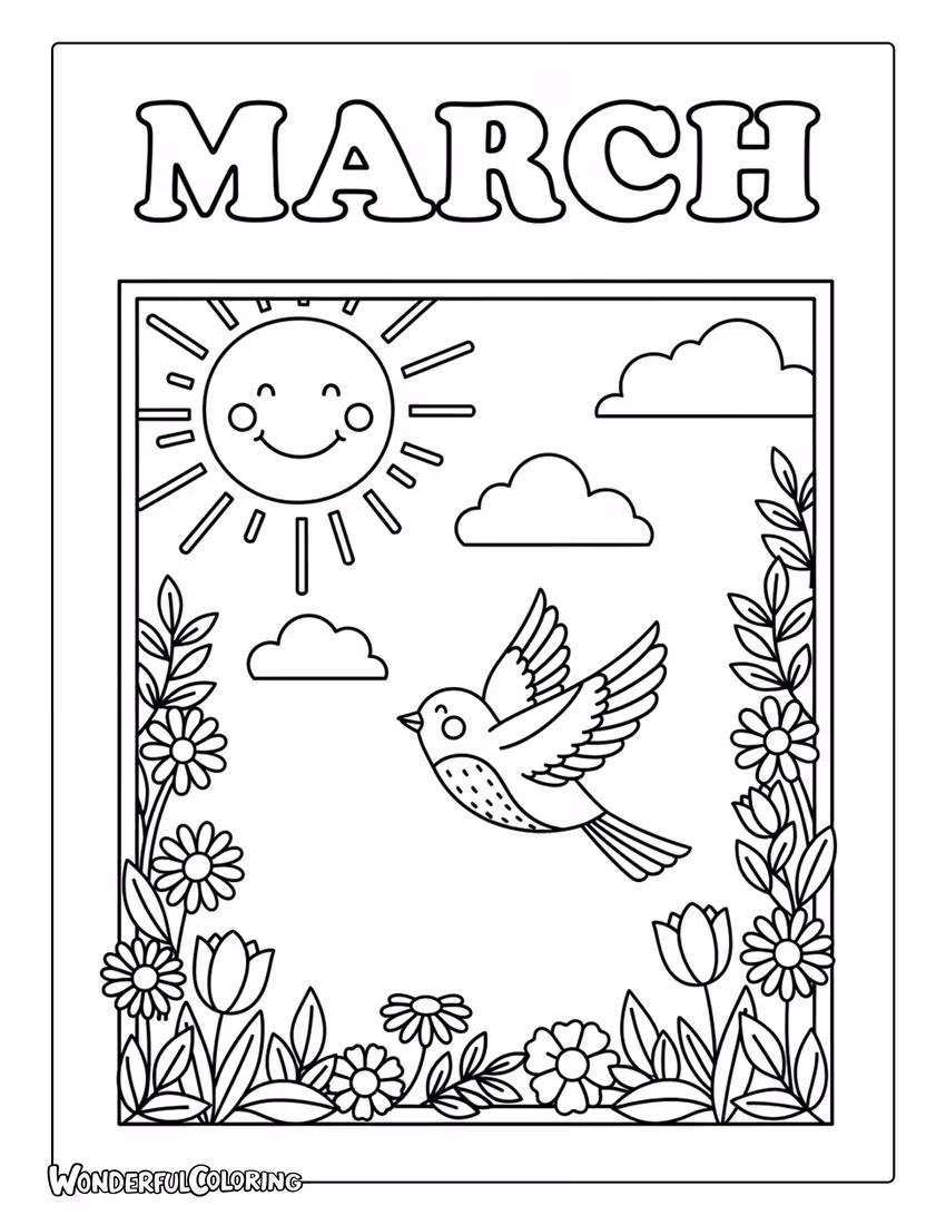 Vintage March spring poster coloring page
