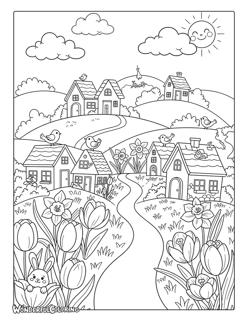 Whimsical March storybook spring village coloring page