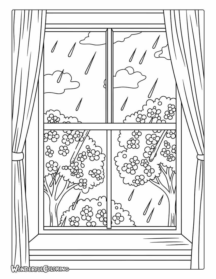 March window view blooming trees and rain coloring page