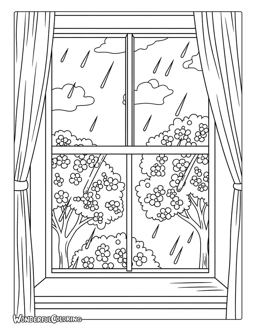 March window view blooming trees and rain coloring page