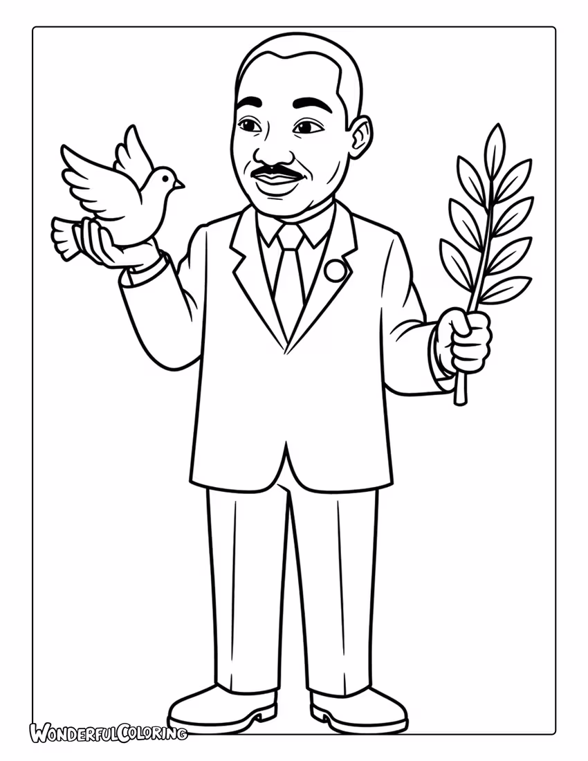 Martin Luther King Jr holding dove and olive branch coloring page