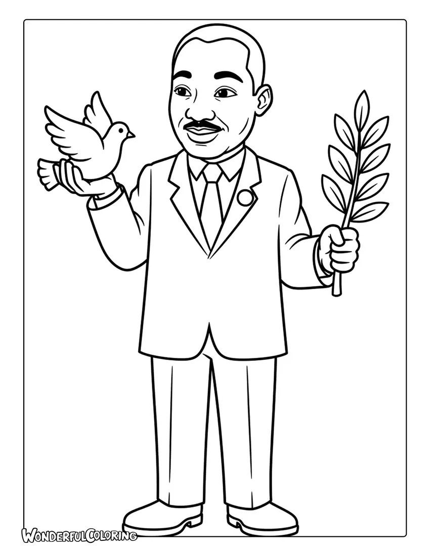 Martin Luther King Jr holding dove and olive branch coloring page
