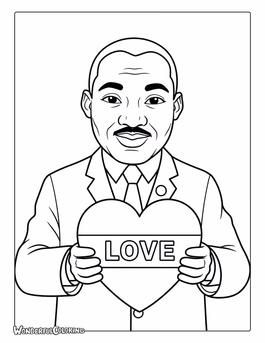 Martin Luther King Jr holding a heart with love coloring page