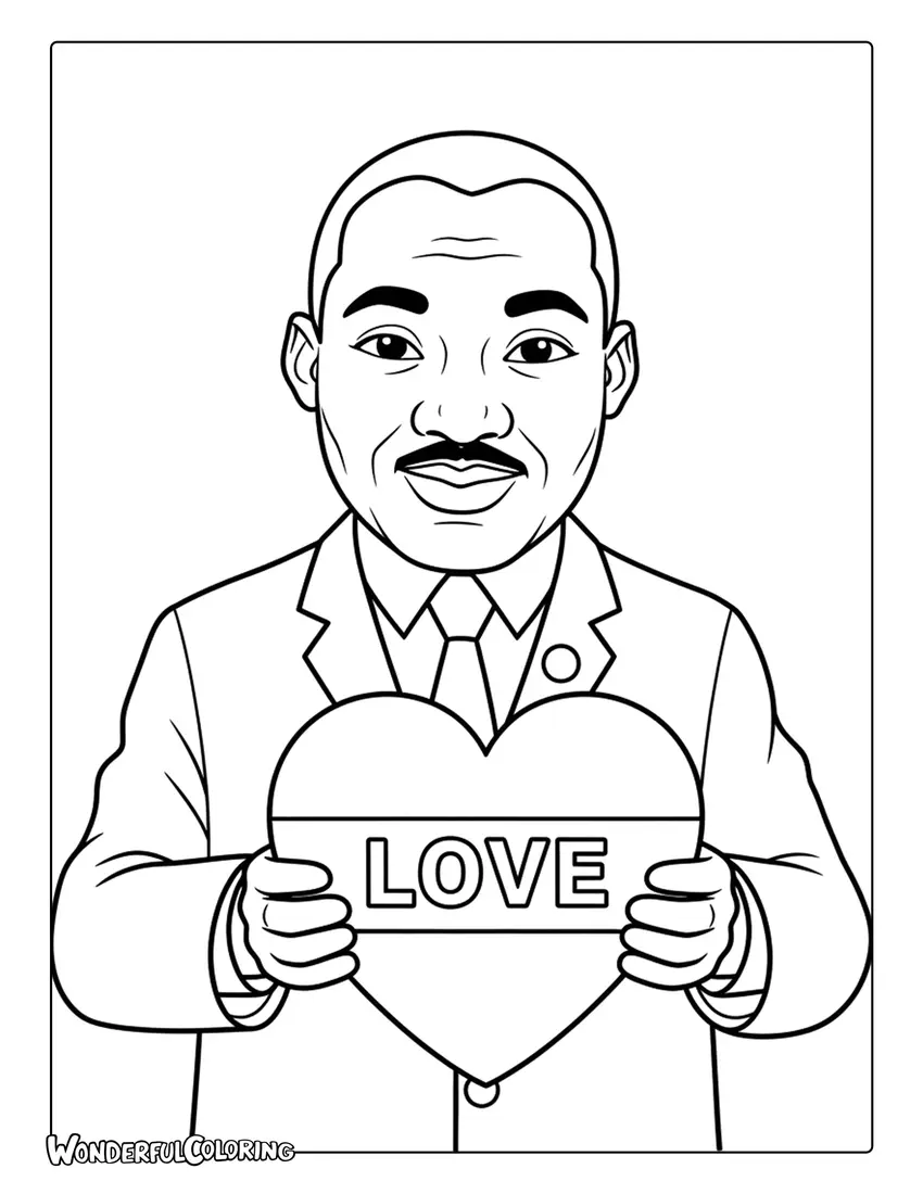 Martin Luther King Jr holding a heart with love coloring page