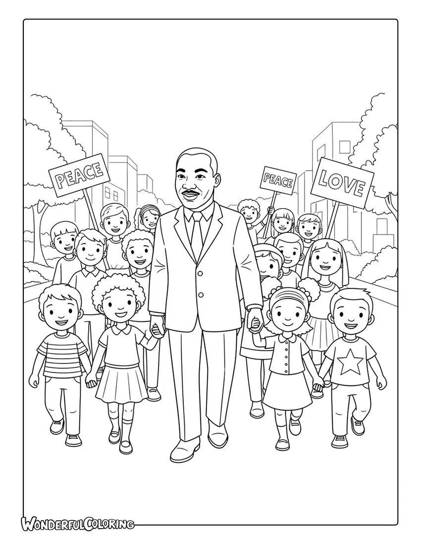 Martin Luther King Jr peaceful march with children coloring page