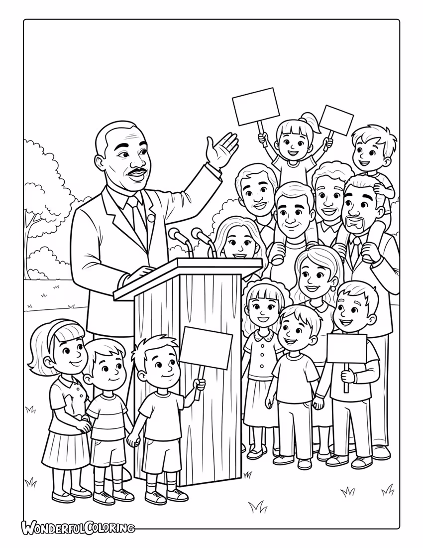 Martin Luther King Jr speaking to diverse community coloring page